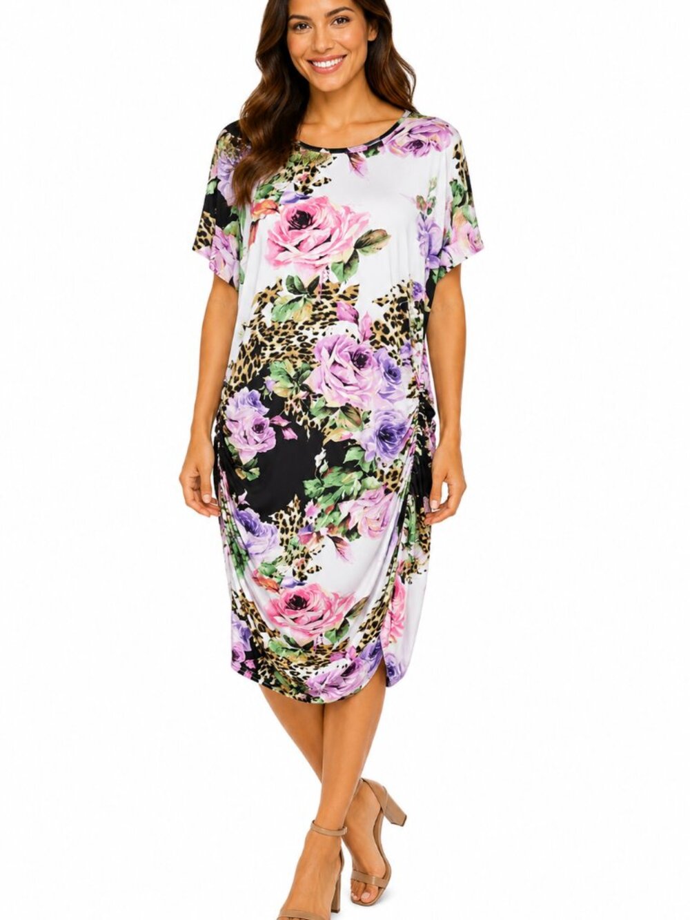 VENUS Floral Leopard Ruched Midi Dress 1X